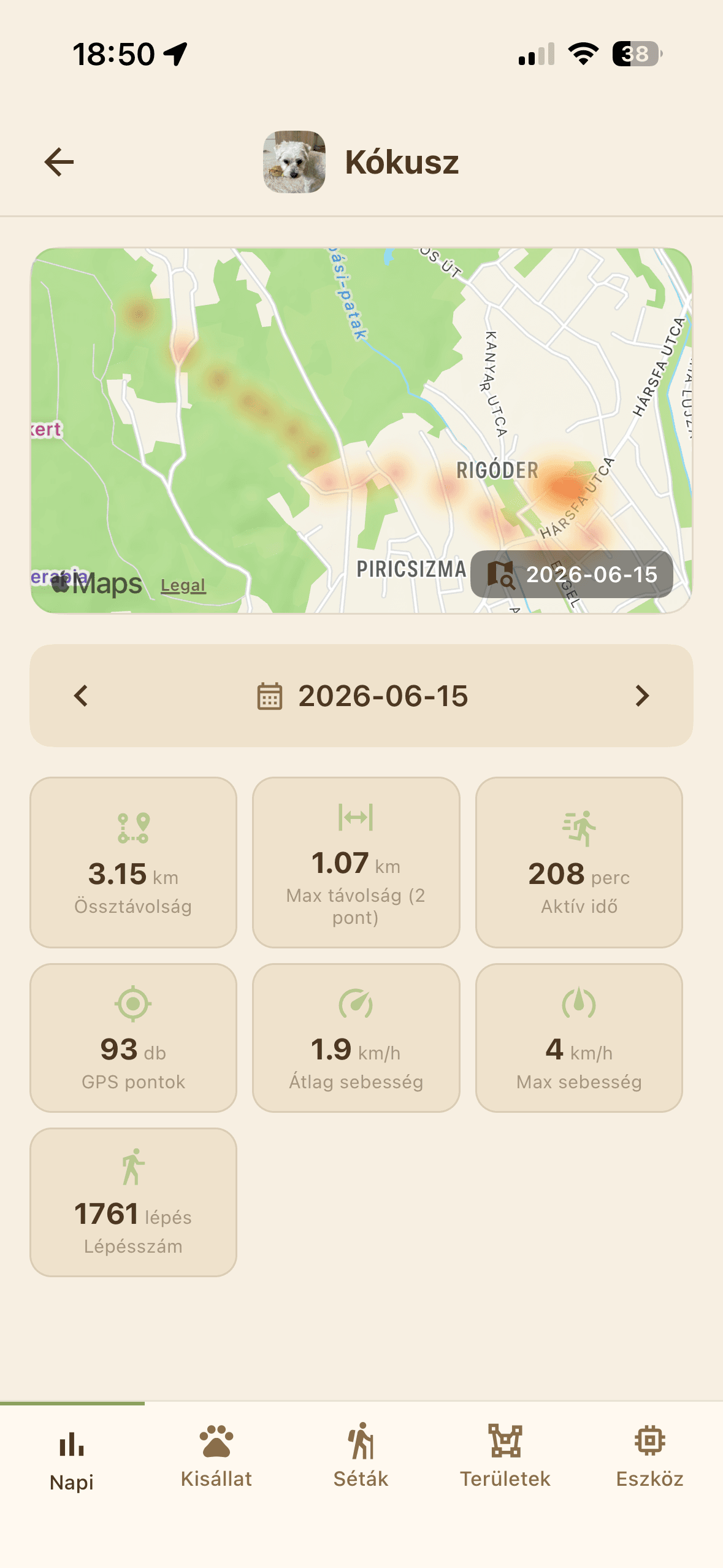 Kisállat adatai és vezérlőfelület